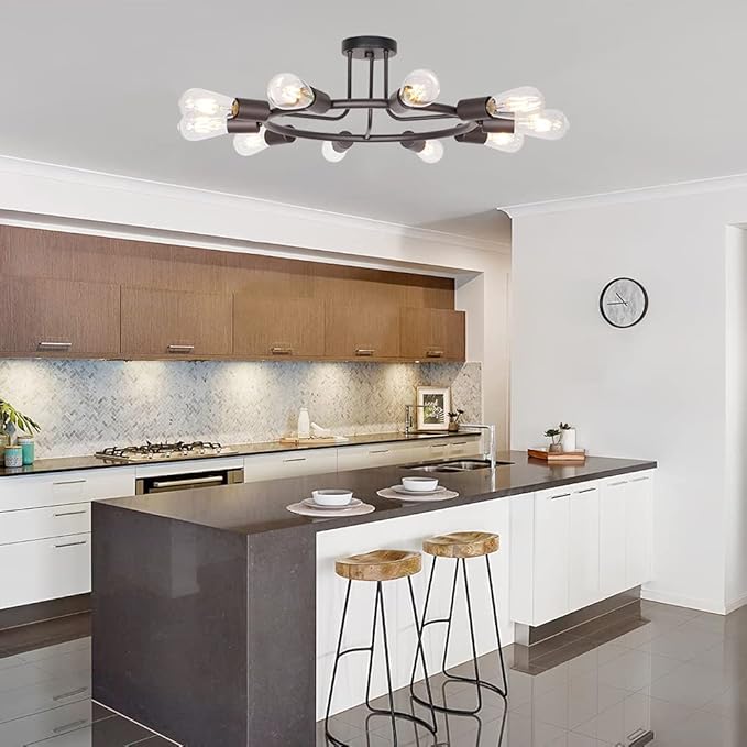 BONLICHT Modern Sputnik Chandelier Oil-Rubbed Bronze 10-Light Mid Century Semi Flush Mount Ceiling Light Fixture Retro Chandelier Lighting for Living Room Dining Room Bedroom