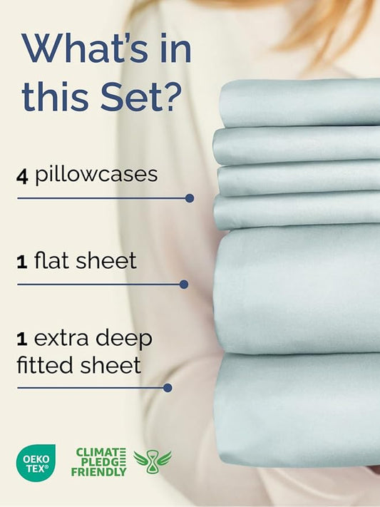 Extra Deep Cal King Sheet Set - 6 Piece Breathable and Cooling Sheets - Hotel Luxury Bed Sheets Set - Easy Fit - Soft, Wrinkle Free and Comfy Sheets Set - Ice Blue Sheet Set with Extra Deep Pockets