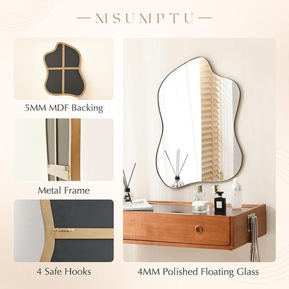 Irregular Wall Mirror Brass Wave Shaped Matel Framed Wall Mirror for Bathroom Bedroom Entryway Living Room Wall Decor 28" L x 20" W 2304G