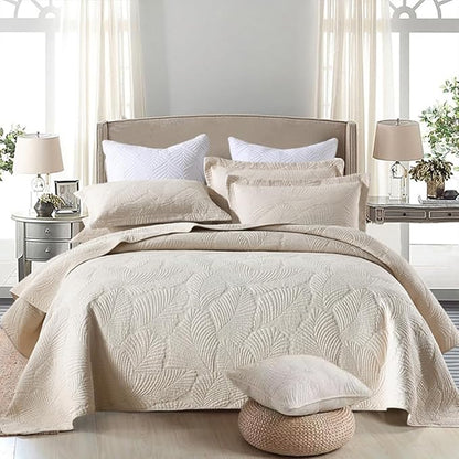 mixinni Beige Tropical Palm Tree Queen Size Quilt Set Soft Cotton Bedspread Coverlet Bed Cover-Queen Size