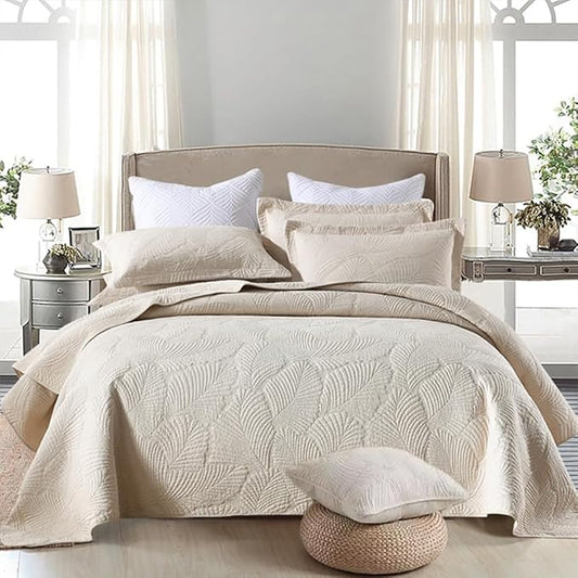 mixinni Beige Tropical Palm Tree King Size Quilt Set Soft Cotton Bedspread Coverlet Bed Cover-King Size