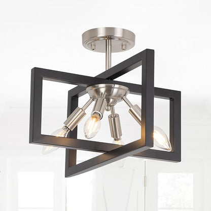 Semi-Flush Mount Ceiling Light - Modern Industrial Light Fixture Black and Brushed Nickel Chandelier,4-Light Farmhouse Ceiling Lamp for Kitchen Foyer Entryway Hallway Bedroom Closet