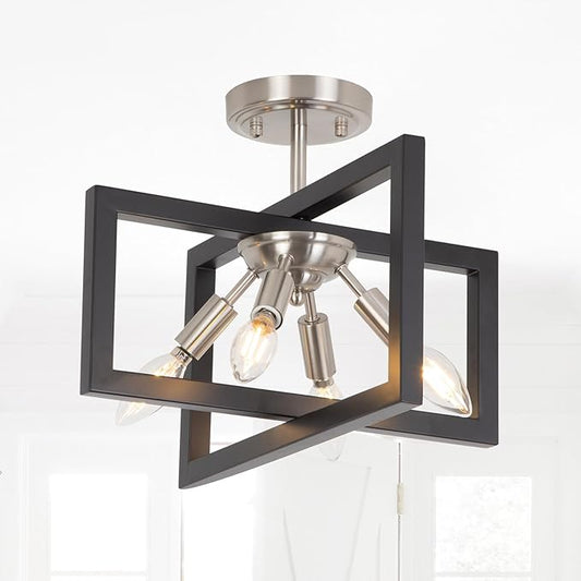 Semi-Flush Mount Ceiling Light - Modern Industrial Light Fixture Black and Brushed Nickel Chandelier,4-Light Farmhouse Ceiling Lamp for Kitchen Foyer Entryway Hallway Bedroom Closet