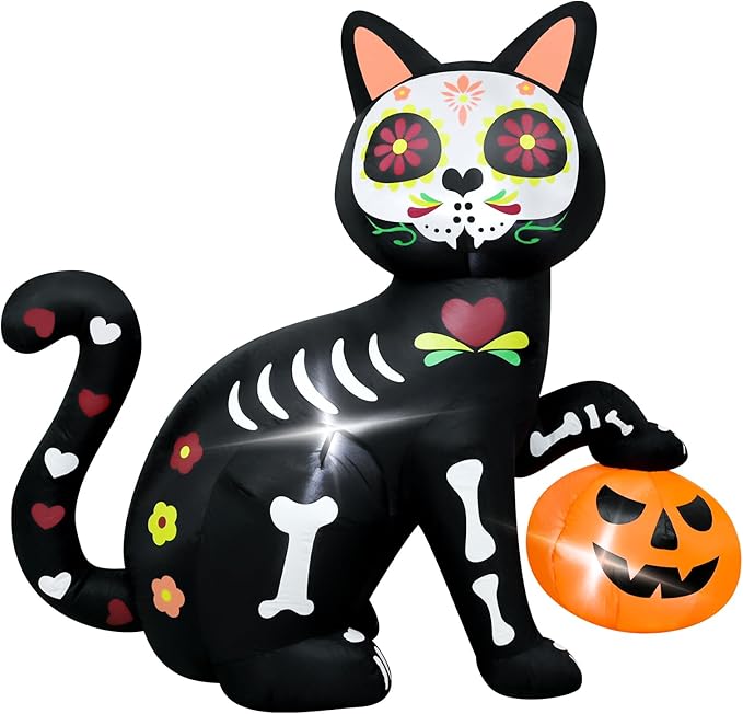 5FT Skeleton Cat Halloween Inflatable Decoration Pumpkin Decor Spooky Halloween Blow Up Decor for Parties with LED Lights Indoor Outdoor Holiday Yard Graden Decoration