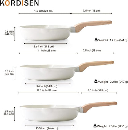 Kordisen Nonstick Ceramic Frying Pan Set, 3 Piece Ceramic Skillet Set, Healthy Non Toxic Cooking Pan, Stay-Cool Handle, Induction Compatible, PFOA & PFAS Free, White(9.5, 11, 12.5 Inch)
