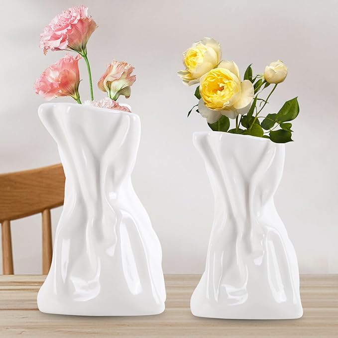 2 PCS Paper Bag Vase, White Ceramic Vase, Irregular Crinkle Flower Vases, Unique Boho Minimalist Art Decorative Vase for Flowers, Modern Home Decor for Room Table Office Wedding Party