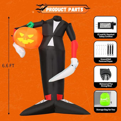 COMIN 6.6 FT Tall Halloween Inflatables Pumpkin Headless Killer Outdoor Decoration Blow Up Holding Pumpkin Inflatable with Built-in LED Lights for Halloween Party Front Door Window Garden Decor