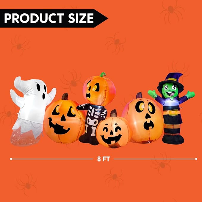 Joiedomi 8 ft Long Halloween Inflatable Three Characters and Pumpkin Patch Outdoor Decoration, Blow Up Inflatables Witch Ghost Skeleton Yard Decorations with LEDs for Party Yard Lawn Garden Decor