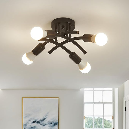 BUXVRCS Semi Flush Mount Ceiling Light Fixture, Modern Sputnik Chandelier Light Fixtures, Industrial Kitchen Light Fixtures Ceiling Mount, 4-Light Dining Room Light Fixture for Bedroom Hallway (Black)