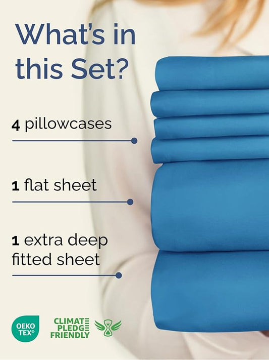 Extra Deep Full Sheet Set - 6 Piece Breathable & Cooling Sheets - Hotel Luxury Bed Sheets Set - Easy & Secure Fit - Soft, Wrinkle Free & Comfy Sheets Set - Denim Blue Sheet Set with Extra Deep Pockets