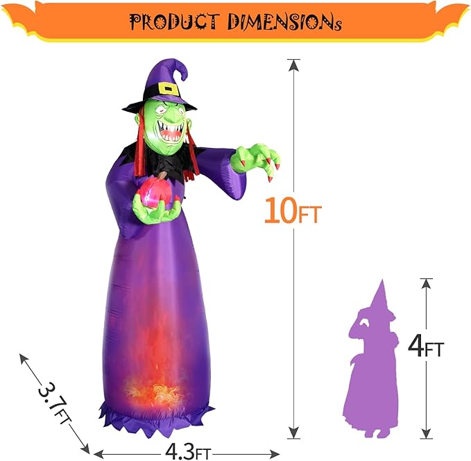 DomKom 10FT Halloween Inflatable Decorations, Blow Up Witch with Built-in LED Magic Flame Lights for Scary Halloween Party Outdoor, Yard, Garden Lawn Holiday Décor