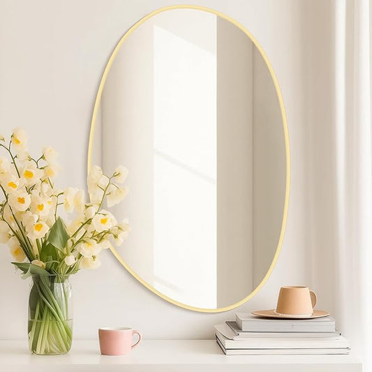 WallBeyond 19" H x 28" W Asymmetrical Decor Irregular Accent Wall Mirror for Entryway, Hallway, etc || Shape: Abstract & Unique Cobblestone, Vertical, Gold