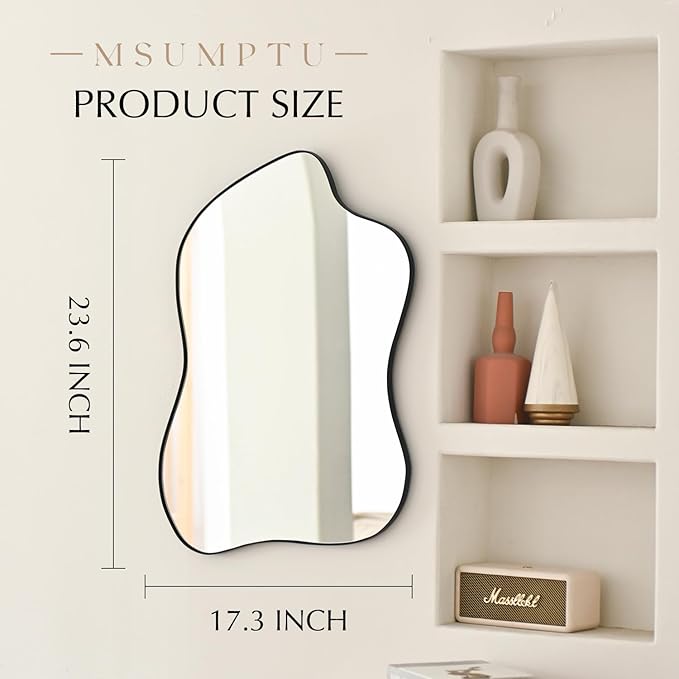 Irregular Wall Mirror Black Wave Shaped Matel Framed Wall Mirror for Bathroom Bedroom Entryway Living Room Wall Decor 24" L x 18" W 2305B