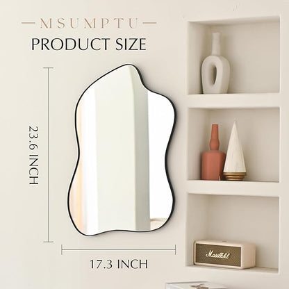 Irregular Wall Mirror Black Wave Shaped Matel Framed Wall Mirror for Bathroom Bedroom Entryway Living Room Wall Decor 24" L x 18" W 2305B