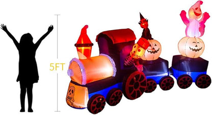 AJY 9 Feet Halloween Inflatable Train with Kittens White Ghosts/Pumpkin with LED Lights Blow up Lighted Yard Decor Giant Lawn Halloween Inflatable Home Garden Party Favor Decoration