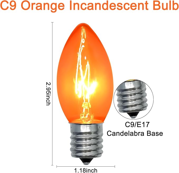 25 Pack C9 Clear Orange Light Bulbs,Orange Halloween Incandescent Bulbs for Indoor Outdoor Halloween Party Outside Lights,C9/E17 7Watt Chandeliers and Night Light Bulb