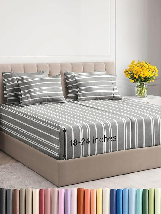 Extra Deep Split King Sheet Set - 7 Piece Breathable & Cooling Sheets - Hotel Luxury Bed Sheets Set - Easy Fit - Soft, Wrinkle Free & Comfy Sheets Set - Grey Striped Sheet Set w/Extra Deep Pockets
