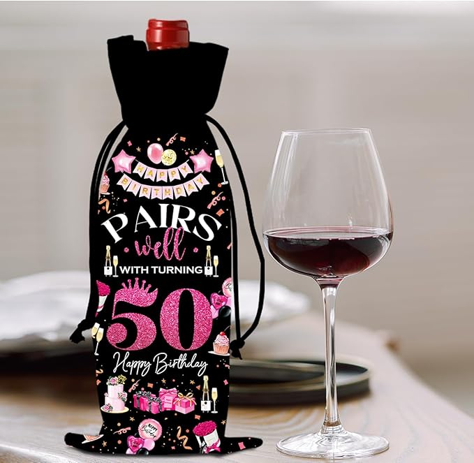50th Birthday Gifts for Her Him Wine Bag, 50 Year Old Birthday Gifts for Women Men, 1974 Birthday Gifts for Women Men, Happy 50 Year Old Birthday Party Decorations for Women Men (Black Pink)