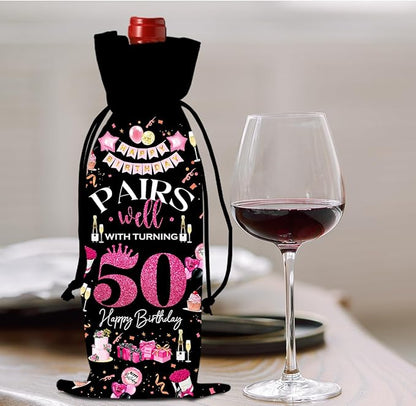 50th Birthday Gifts for Her Him Wine Bag, 50 Year Old Birthday Gifts for Women Men, 1974 Birthday Gifts for Women Men, Happy 50 Year Old Birthday Party Decorations for Women Men (Black Pink)