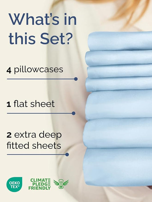 Extra Deep Split King Sheet Set - 7 Piece Breathable & Cooling Sheets - Hotel Luxury Bed Sheets Set - Easy Fit - Soft, Wrinkle Free & Comfy Sheets Set - Light Blue Sheet Set with Extra Deep Pockets