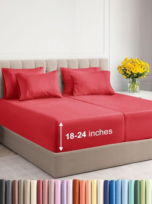 Extra Deep Split King Sheet Set - 7 Piece Breathable & Cooling Sheets - Hotel Luxury Bed Sheets Set - Easy & Secure Fit - Soft, Wrinkle Free & Comfy Sheets Set - Red Sheet Set with Extra Deep Pockets