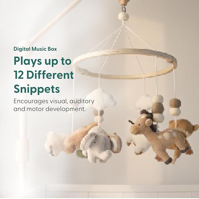 The Peanutshell Crib Mobile for Boys or Girls - Wooden Musical Baby Crib Mobile with 12 Lullabies, Jungle Animal, Baby Safari Serenity Nursery Decor