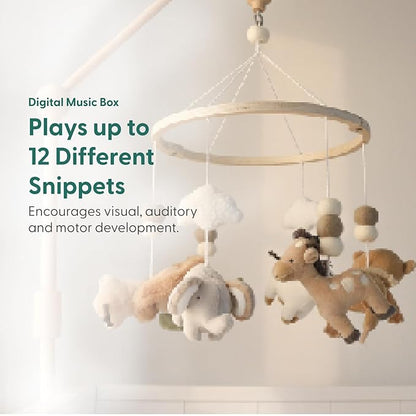 The Peanutshell Crib Mobile for Boys or Girls - Wooden Musical Baby Crib Mobile with 12 Lullabies, Jungle Animal, Baby Safari Serenity Nursery Decor