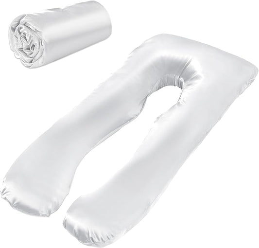 HOMBYS Silky Satin Pregnancy Pillow Cover (ONLY Pillowcase), Luxurious Smooth Maternity Pillow Cover, U Shaped Soft & Breathable Large Pillow Protector for Side Sleeper, 60.8" L x 31.5" W, White