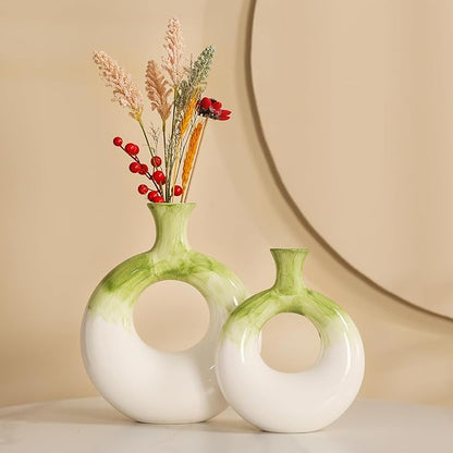 Ceramic Donut Vases Set of 2, Green and White, Perfect for Home Decor, Modern Boho Style, Ideal for Centerpieces and Dinner Tables