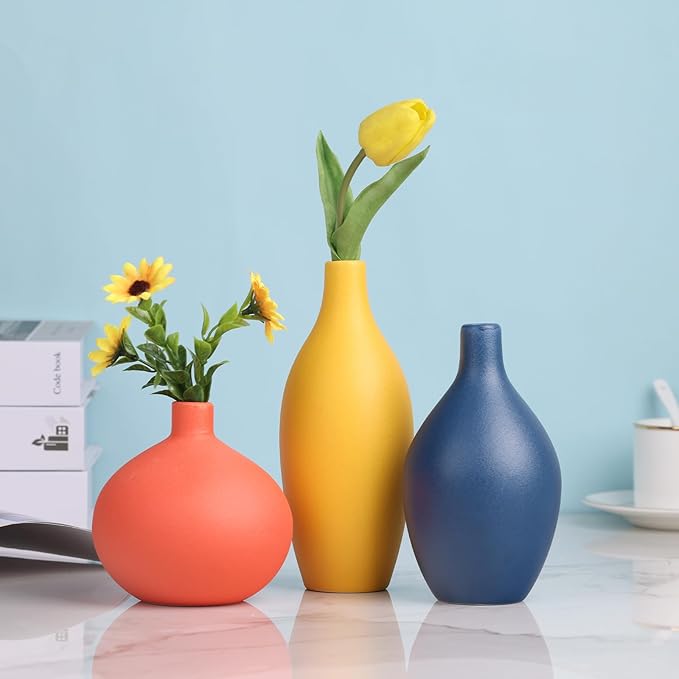 Ceramic Vase Set of 3, Minimalist Yellow, Orange, Blue Vases - Modern Farmhouse, Living Room, Shelf and Entryway Decor