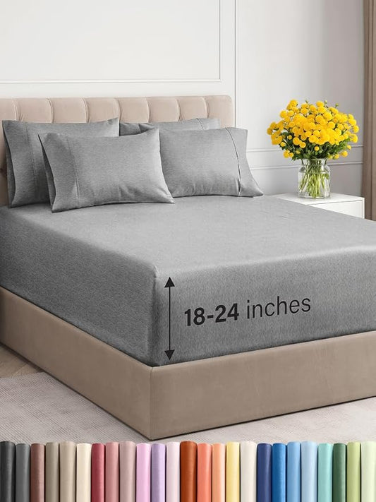 Extra Deep Full Sheet Set - 6 Piece Breathable and Cooling Sheets - Hotel Luxury Bed Sheets Set - Easy Fit - Soft, Wrinkle Free and Comfy Sheets Set - Heathered Grey Sheet Set with Extra Deep Pockets