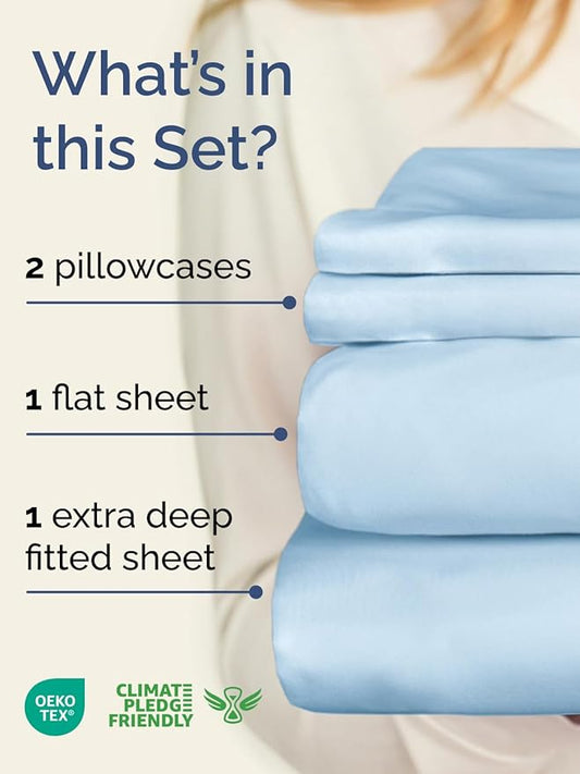 Extra Deep Twin Sheet Set - 4 Piece Breathable & Cooling Sheets - Hotel Luxury Bed Sheets Set - Easy & Secure Fit - Soft, Wrinkle Free & Comfy Sheets Set - Light Blue Sheet Set with Extra Deep Pockets