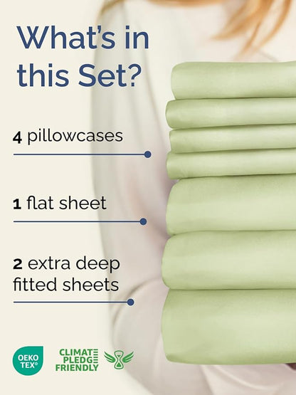 Extra Deep Split King Sheet Set - 7 Piece Breathable & Cooling Sheets - Hotel Luxury Bed Sheets Set - Easy Fit - Soft, Wrinkle Free & Comfy Sheets Set - Light Sage Sheet Set with Extra Deep Pockets