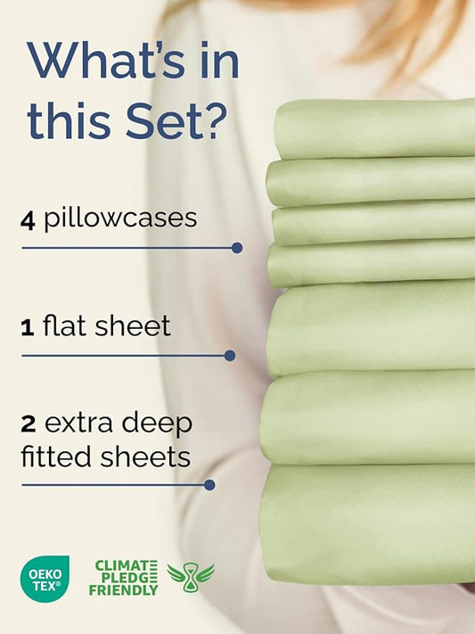 Extra Deep Split King Sheet Set - 7 Piece Breathable & Cooling Sheets - Hotel Luxury Bed Sheets Set - Easy Fit - Soft, Wrinkle Free & Comfy Sheets Set - Light Sage Sheet Set with Extra Deep Pockets