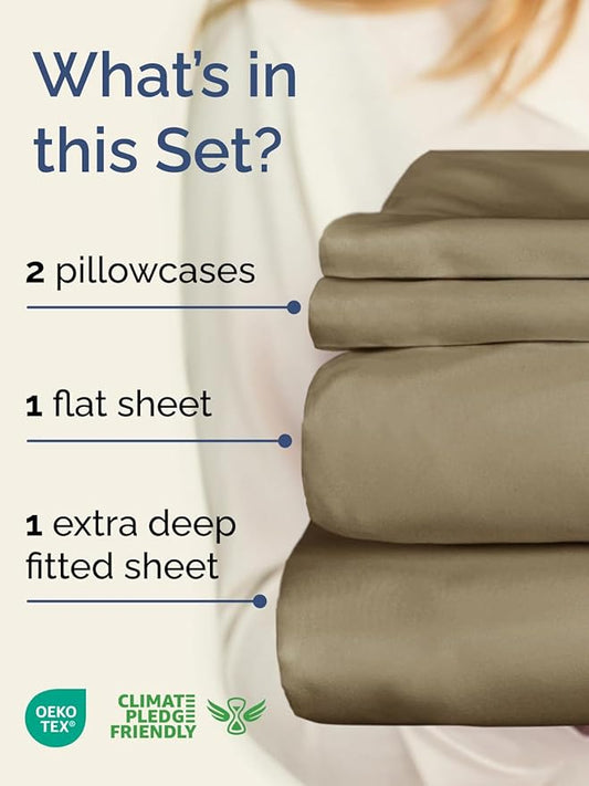 Extra Deep Twin Sheet Set - 4 Piece Breathable and Cooling Sheets - Hotel Luxury Bed Sheets Set - Easy & Secure Fit - Soft, Wrinkle Free and Comfy Sheets Set - Khaki Sheet Set with Extra Deep Pockets