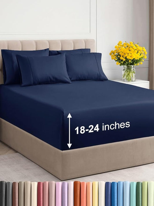 Extra Deep Queen Sheet Set - 6 Piece Breathable & Cooling Sheets - Hotel Luxury Bed Sheets Set - Easy & Secure Fit - Soft, Wrinkle Free & Comfy Sheets Set - Navy Blue Sheet Set with Extra Deep Pockets