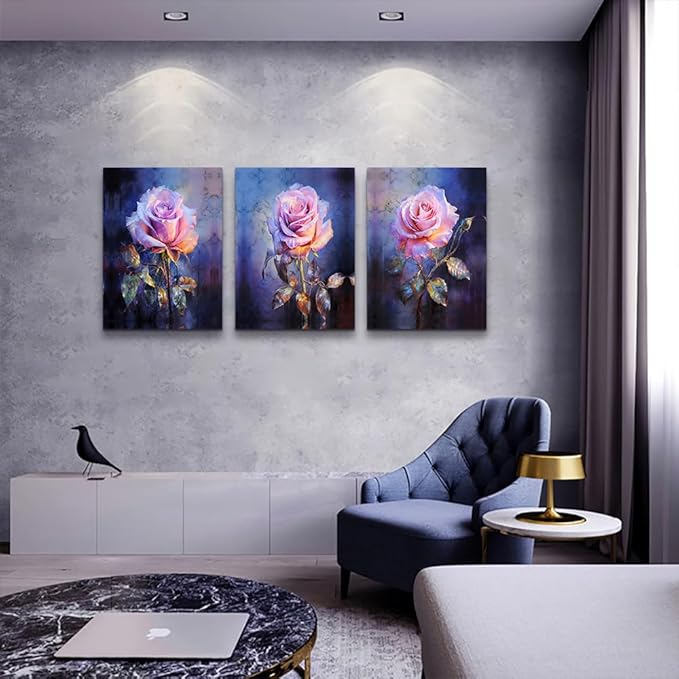 DZRWUBHS Canvas Wall Decor for Bedroom Living Room Wall Pictures Rose Flowers Wall Art Painting Modern Office Floral Home Decorations Vintage Posters Minimalist Farmhouse Ready To Hang 3 Piece
