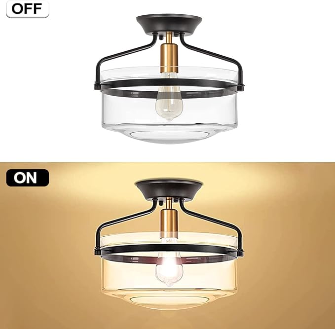 Semi Flush Mount Ceiling Light, 14.2" Farmhouse Fixture, Industrial Black and Gold Finish With Clear Glass for Hallway, Porch, Kitchen