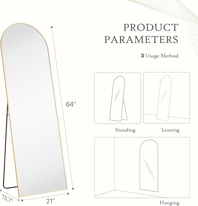 Sweetcrispy 64"x21" Gold Arched Full Length Mirror, Standing Leaning or Mounted Hanging Wall Mirror for Bedroom, Livingroom, Cloakroom, Aluminum Frame Body Mirror, Modern