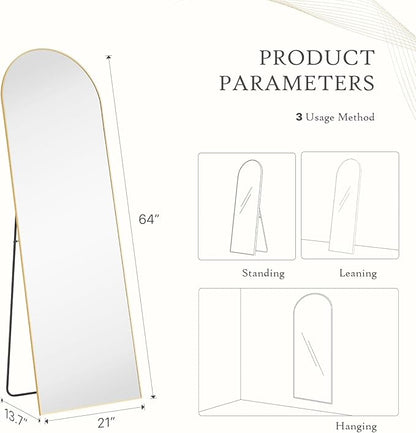 Sweetcrispy 64"x21" Gold Arched Full Length Mirror, Standing Leaning or Mounted Hanging Wall Mirror for Bedroom, Livingroom, Cloakroom, Aluminum Frame Body Mirror, Modern