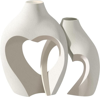 White Vases for Decor, Heart Shaped Ceramic Vase Set of 2, Nordic Modern Heart Vases, Minimalist Decorative Vase for Table Centerpiece Wedding Living Room House Decoration