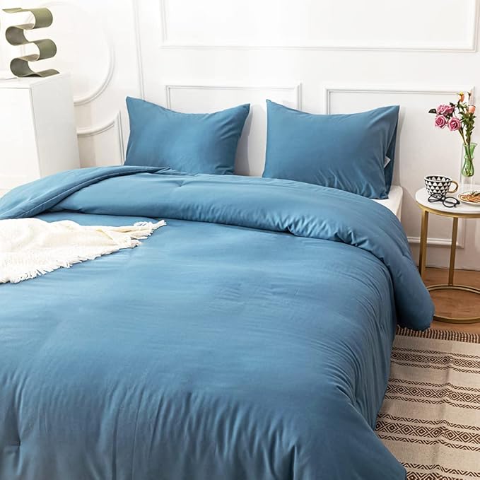 Cottonight Blue Comforter Sets California King Lake Blue Bedding Set Women Men Blanket Quilts Breathable Soft Solid Cal King Bedding Comforter Sets