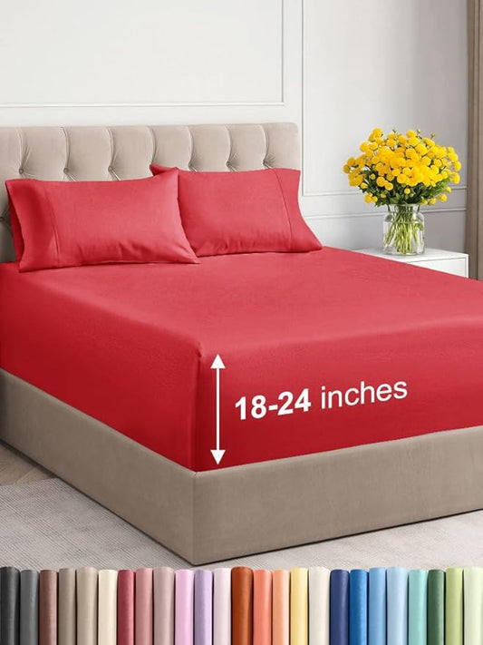 Extra Deep Twin XL Sheet Set - 4 Piece Breathable and Cooling Sheets - Hotel Luxury Bed Sheets Set - Easy & Secure Fit - Soft, Wrinkle Free and Comfy Sheets Set - Red Sheet Set with Extra Deep Pockets