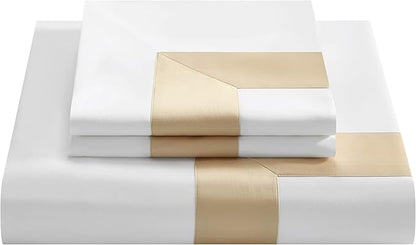 Bicolore Collection Duvet Covers Set 3 Pieces Do Not Include Filling ClassIC European 100% Egyptian Cotton Sateen Luxury 400 Thread Count Frame Patchwork Manufacturing(White/Beige,King)