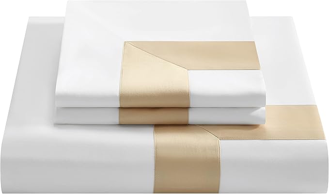 Casabolaj Bicolore Collection 3 Pieces Duvet Cover Set 100% Egyptian Cotton Sateen 400 Thread Count Classic Queen King-Frame Patchwork Manufacturing-White/Beige Color (Full)