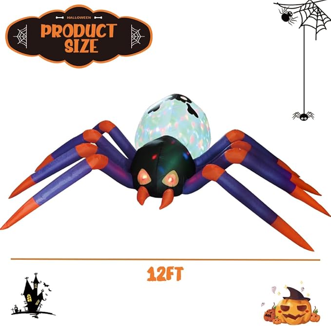 12FT Halloween Inflatables Spider, Halloween Outdoor Inflatable Decoration Blow Up Spider Yard Decoration with Build in LED Light for Halloween Holiday Party Patio Lawn Yard Garden