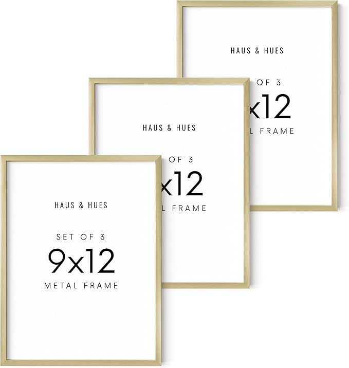 HAUS AND HUES 9x12 Gold Metal Picture Frames - Features Premium Aluminum, Vertical & Horizontal Hang, Shatterproof Plexiglass - Perfect for Home, Room, Office (9x12 in, Gold, Set of 3)