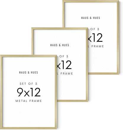 HAUS AND HUES 9x12 Gold Metal Picture Frames - Features Premium Aluminum, Vertical & Horizontal Hang, Shatterproof Plexiglass - Perfect for Home, Room, Office (9x12 in, Gold, Set of 3)