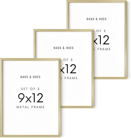 HAUS AND HUES 9x12 Gold Metal Picture Frames - Features Premium Aluminum, Vertical & Horizontal Hang, Shatterproof Plexiglass - Perfect for Home, Room, Office (9x12 in, Gold, Set of 3)