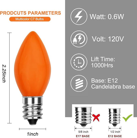 25 Pack C7 LED Halloween Orange Replacement Lights Bulbs, Vintage Orange Ceramic LED Christmas Bulbs for Outdoor Patio String Lights, E12 Candelabra Base, 0.6 Watt Saving Enengy Night Lights Bulbs